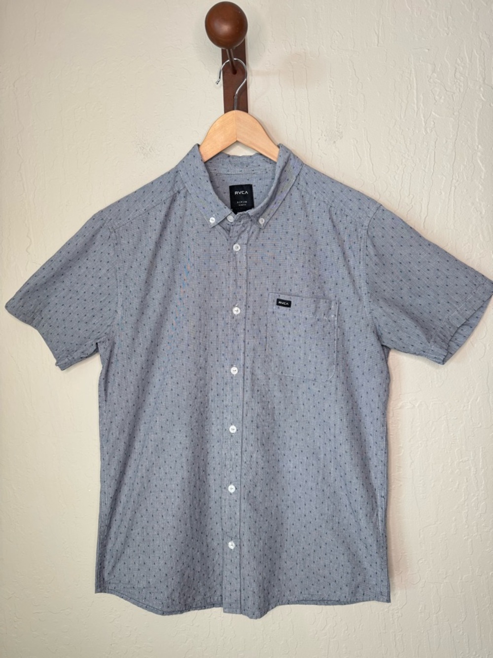 RVCA Blue Short Sleeve Button-Down Shirt Slim Fit with Subtle Dot Print Size S - Picture 14 of 14
